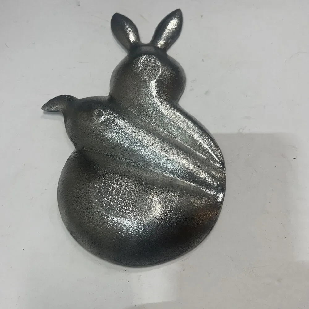 Bunny Pewter Glazed Glass Painted Rabbit Dish  Candy trinket Tray
